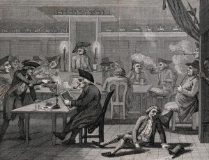 Smokers and drinkers in tavern. One has fallen to the floor, has spilled his beer and broken the stem of his pipe.