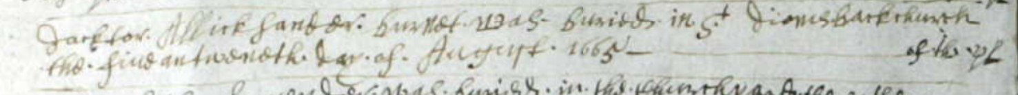 Entry from the burial register for the parish of St Gabriel Fenchurch Street for 25th August 1665